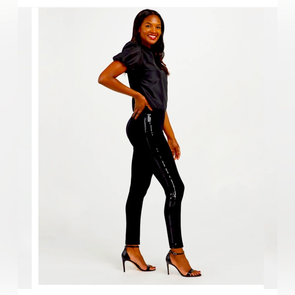 Spanx black tuxedo pants with sequin side panel